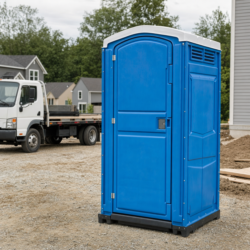 Delivery driver positioning a clean royal-blue portable toilet on level ground at a Columbia worksite