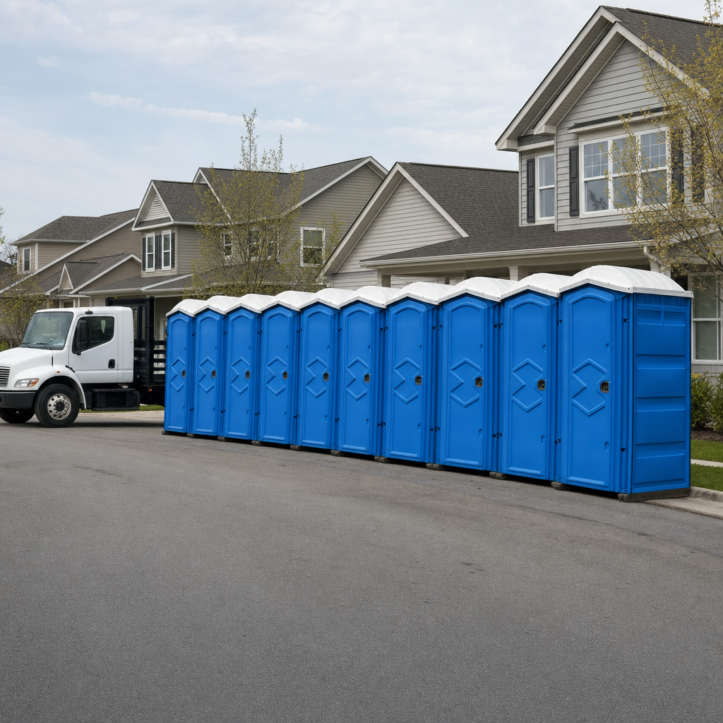 Royal blue portable toilets staged in a tidy row at a Columbia jobsite, ready for delivery